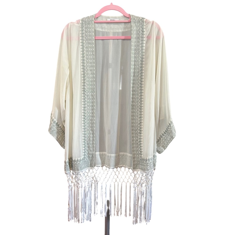 Easley Kimono Fringe Trim Open‎ Front Cover Up Bohemian Sheer Cream One Size